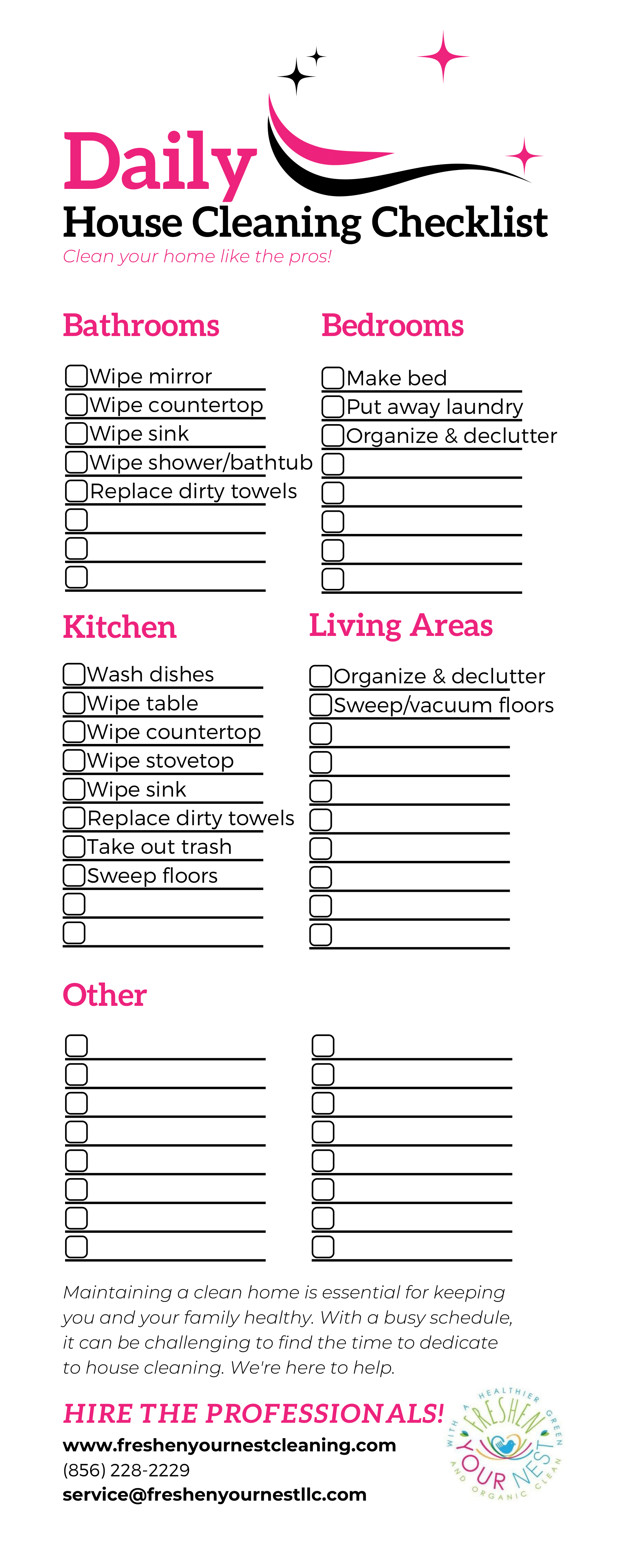 Daily House Cleaning Checklist Freshen Your Nest Cleaning Services