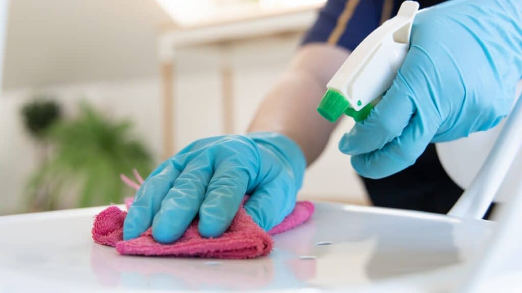 Professional maid service sanitizing a countertop in a residence.
