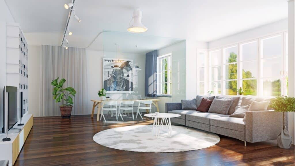 Deep-cleaned living room with spotless floors, dust-free surfaces, and bright natural light throughout the home.